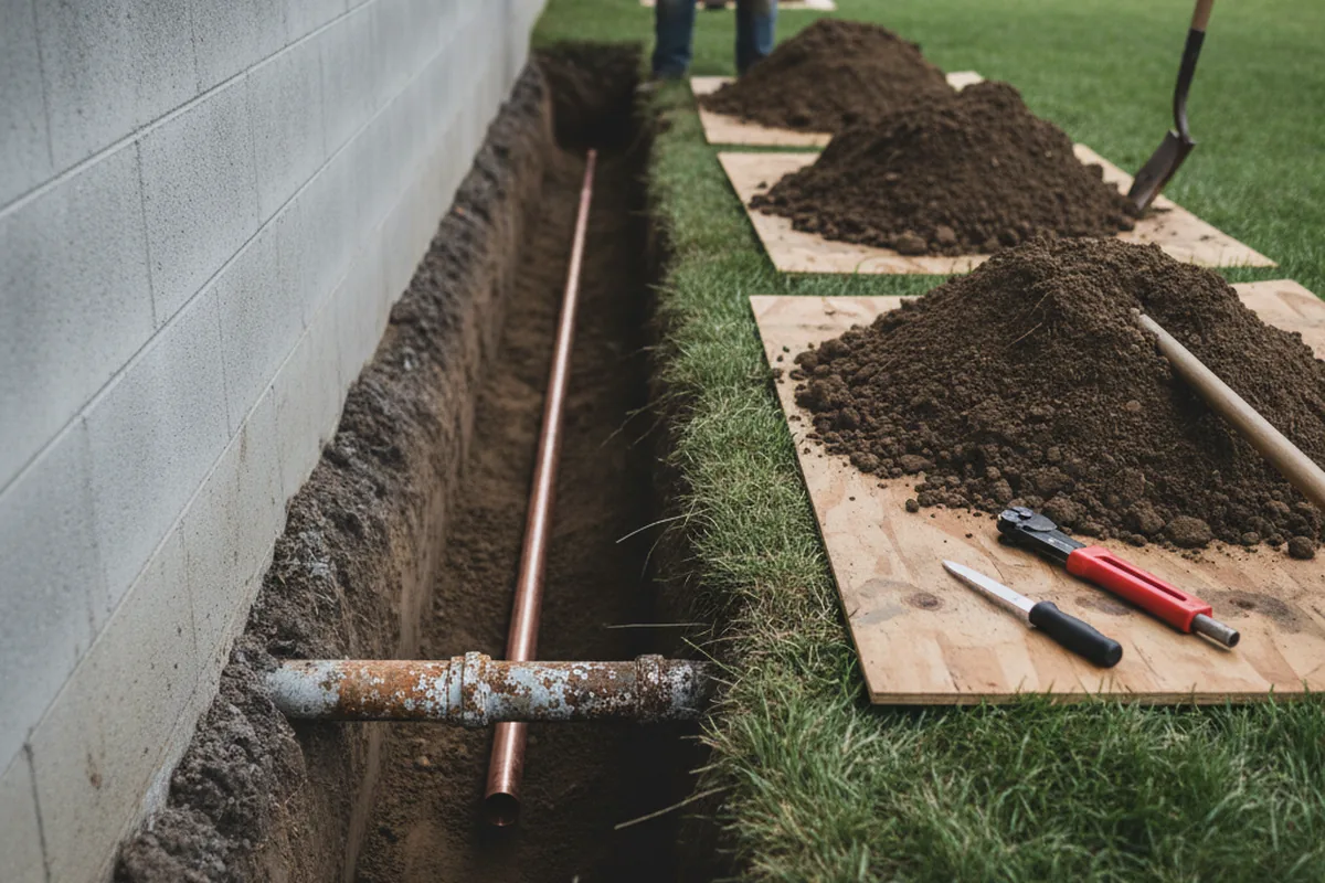 Excavated water line trench during Water Softener Installation in Toccoa Falls